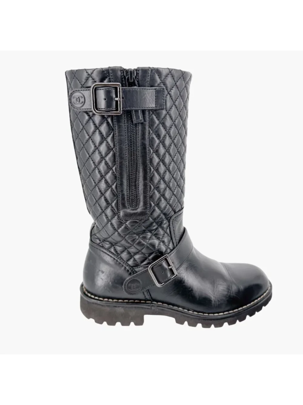 Chanel Quilted Moto Boots EU 37.5 US 6.5-7 Black Leather CC Biker Riding Calf